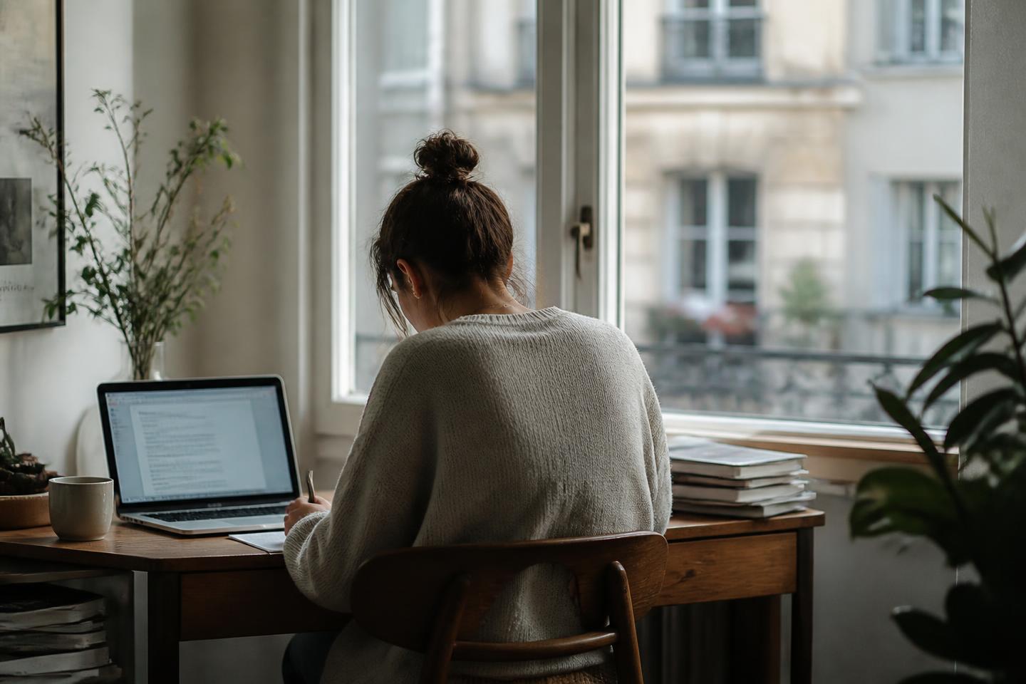 An applicant working through her visa documents at a desk by a window