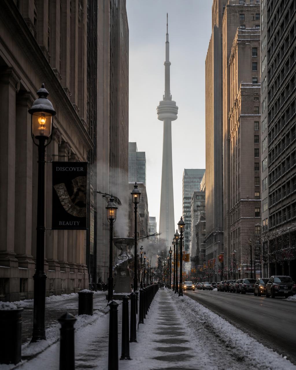 A quiet winter street in downtown Toronto